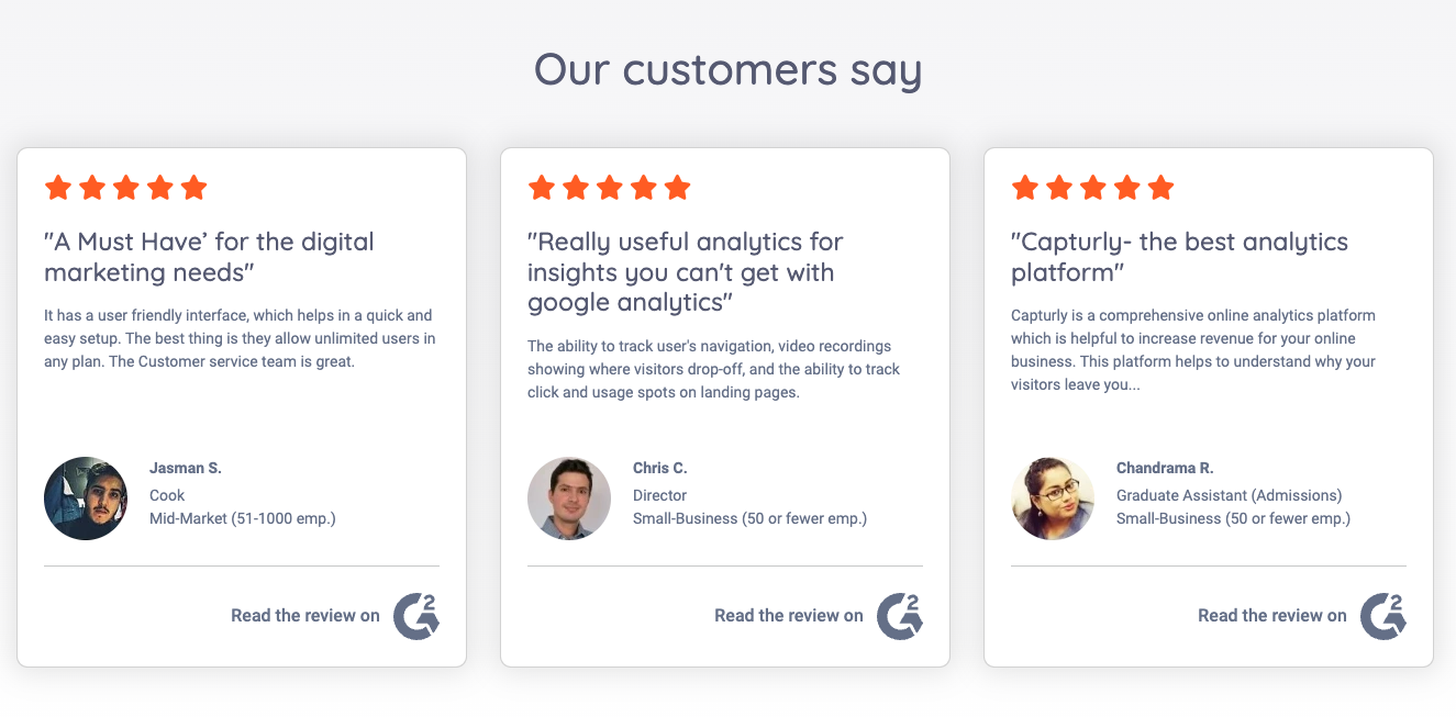 Real testimonials of Capturly on our homepage from G2 profile