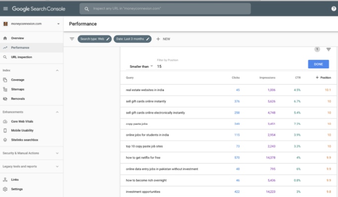 seo trick - google search console performance menu