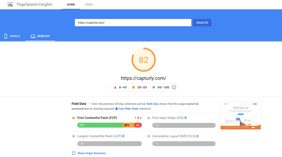 PageSpeed Insight analysis for Capturly