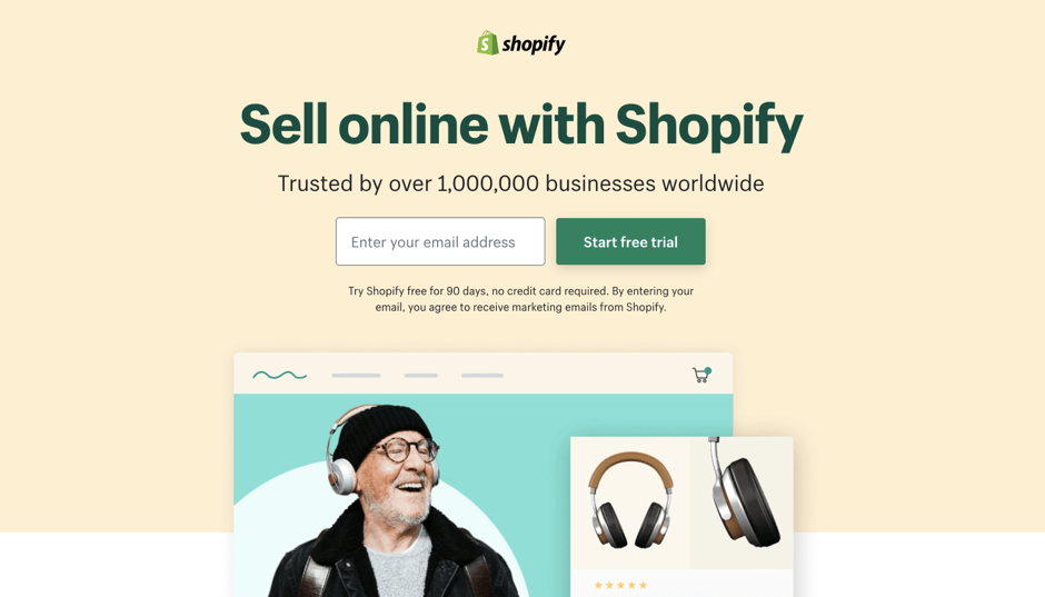 Screenshof of Shopify's landing page