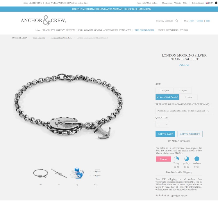 Anchor & Crew's bracelet product page with highlighted CTA's, size and payment options