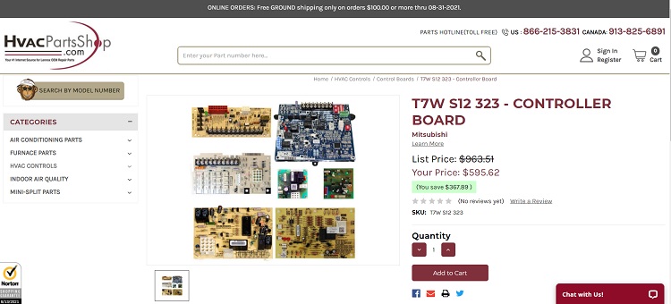 HVAC Parts Shop's Controller board product page with toll-free numbers