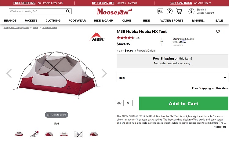 Moosejaw's Tent product page with a large CTA