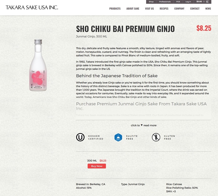 Takara Sake's sho chiku bai premium ginjo product page