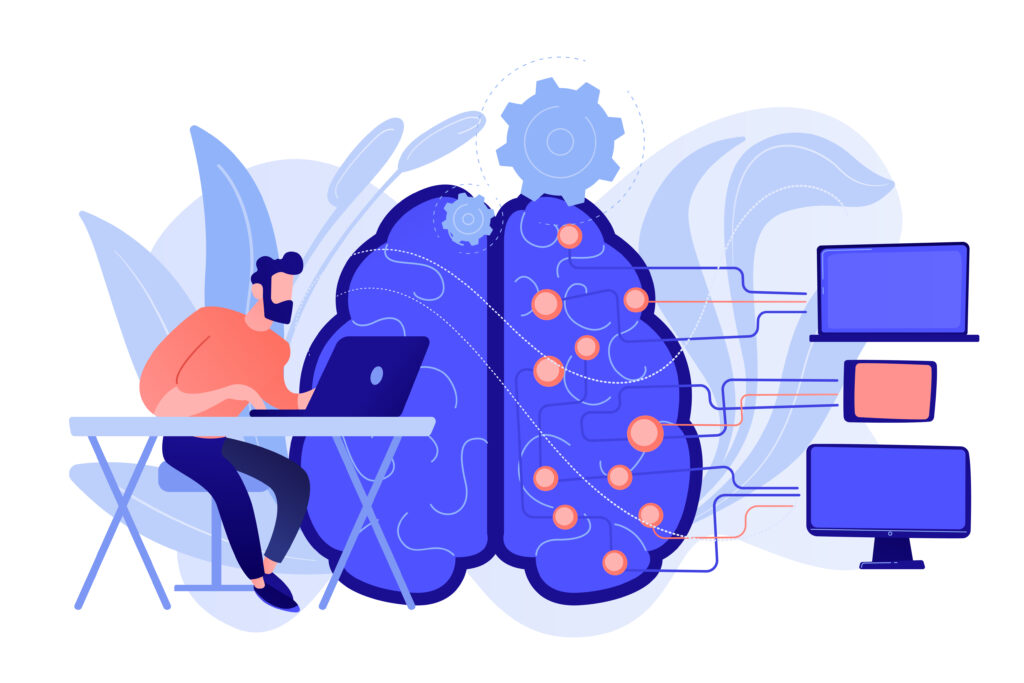 Brain with digital circuit and programmer with laptop. Machine learning, artificial intelligence, digital brain and artificial thinking process concept. Vector isolated illustration.