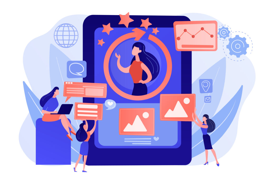 PR managers team working, personal development. Online identity management, digital Identity management, product web presence concept. Pink coral blue vector isolated illustration