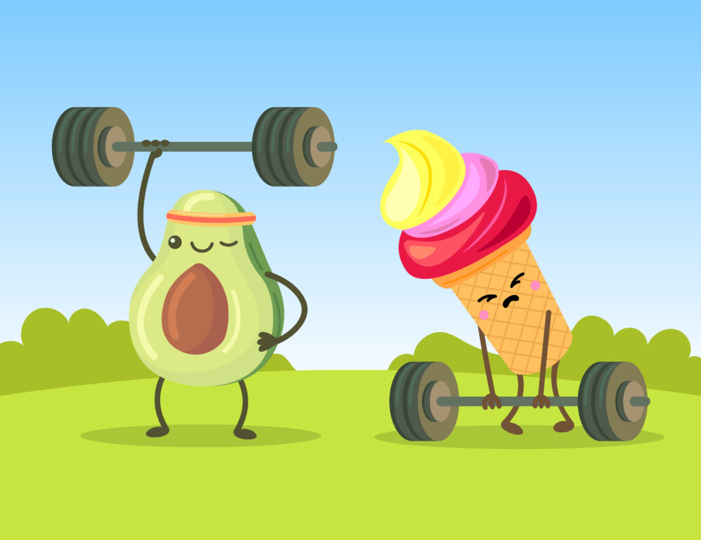 Cute avocado and ice cream characters exercising with dumbbells. Sad cartoon confection trying to lift bars on lawn flat vector illustration. Strength and weakness, sport concept