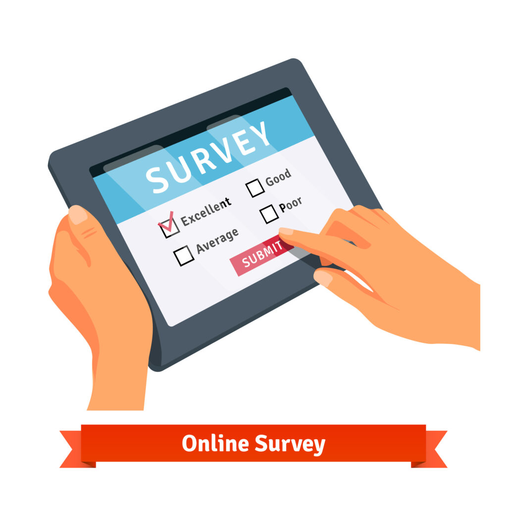 Online survey on a tablet. Flat style vector illustration isolated on white background.
