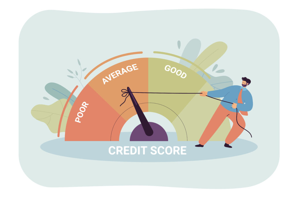 Businessman pulling speedometer from poor to good performance. Person changing credit report for better flat vector illustration. Credit score, customer satisfaction, loan, debt concept for banner
