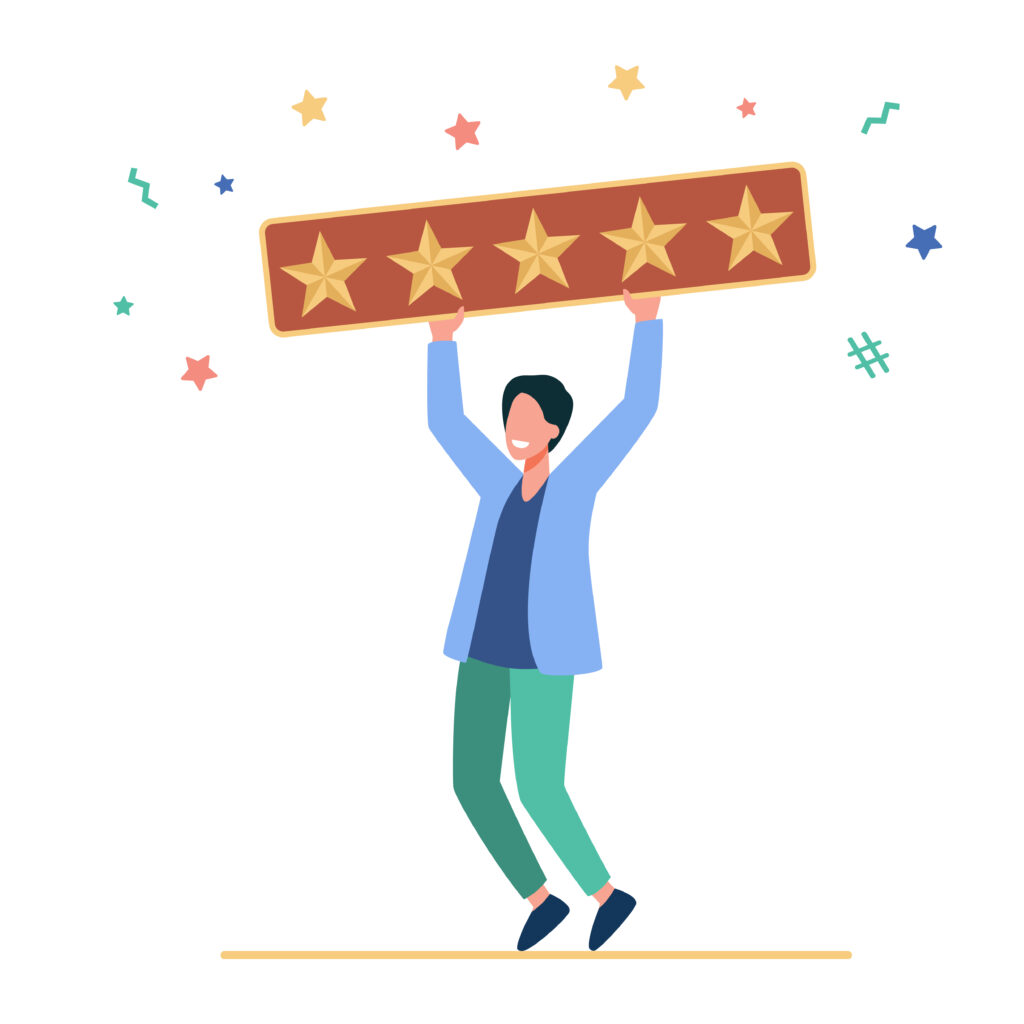 Happy man holding five golden stars. Customer, review, social media flat vector illustration. Assessment and rating concept for banner, website design or landing web page