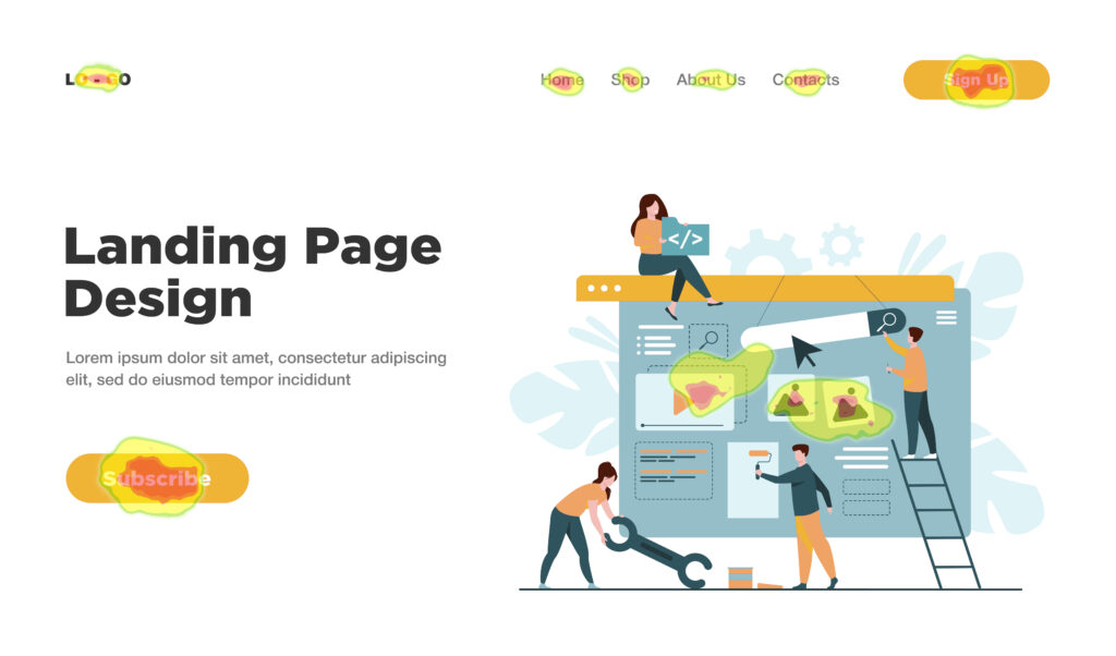 A landing page template with highlighted areas based on how frequently used certain parts of the site are.