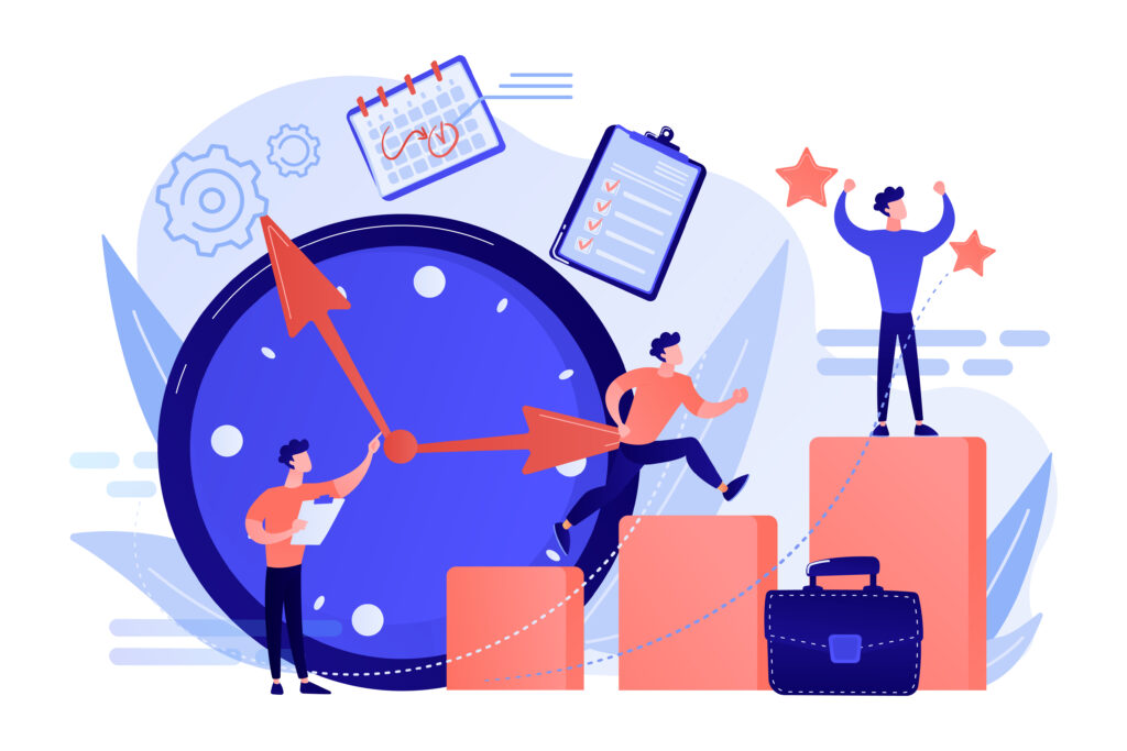 Businessman sets goals and runs up on graph columns for success on time. Self-management, self regulation learning, self-organization course concept. Pink coral blue vector isolated illustration
