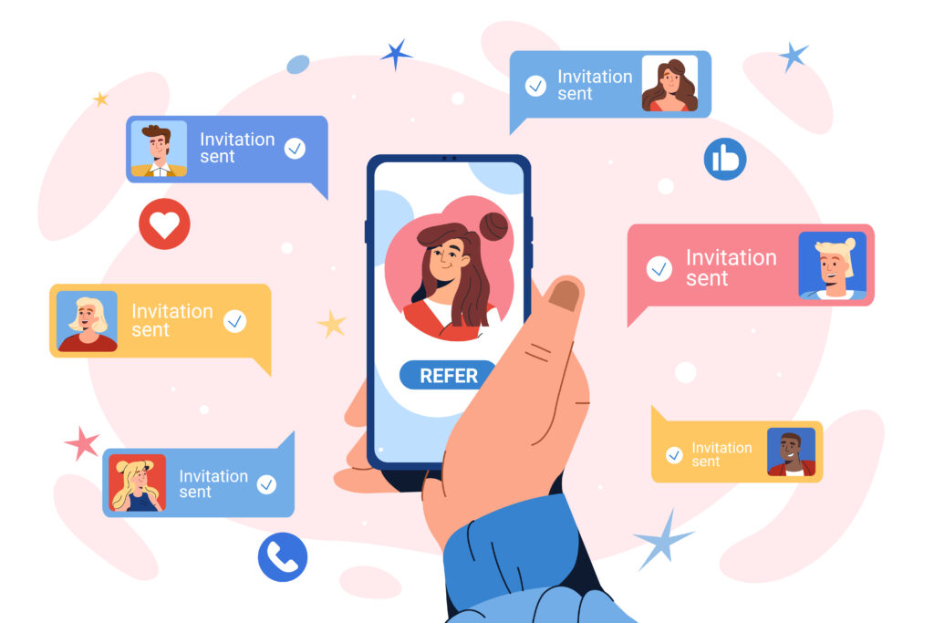 Refer a friend concept. Flat hand with smartphone to invite friends for community on social media group. Earn rewards, money bonus from online referral program. Teenagers follow and join to influencer