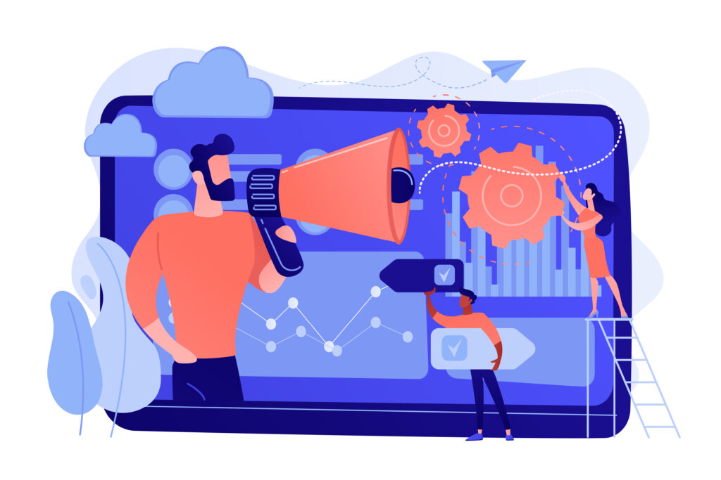 Tiny people, marketer with megaphone, consumers data analysis. Data driven marketing, consumer behaviour analysis, digital marketing trend concept. Pinkish coral bluevector isolated illustration
