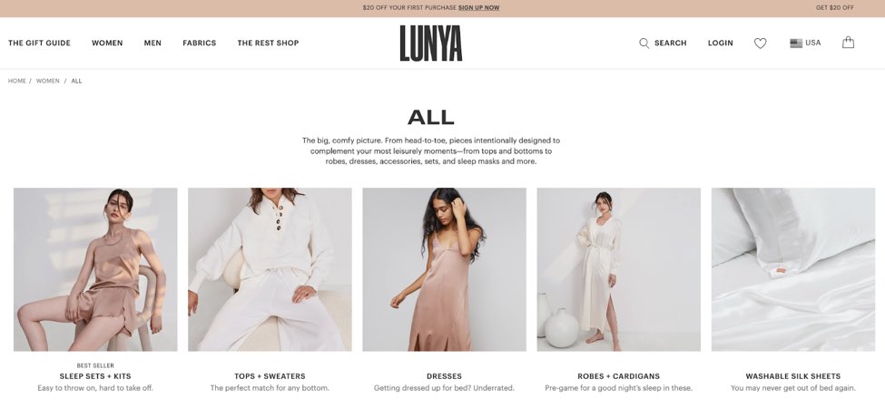 Lunya main page as example
