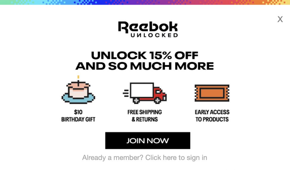 Reebok website - center alignment