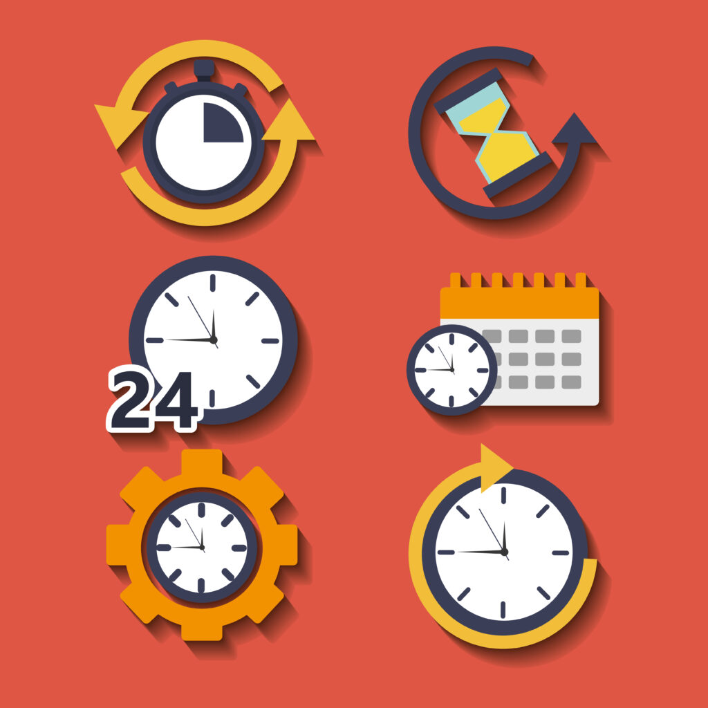 Illustration of time-tracking tools. 6 clocks.