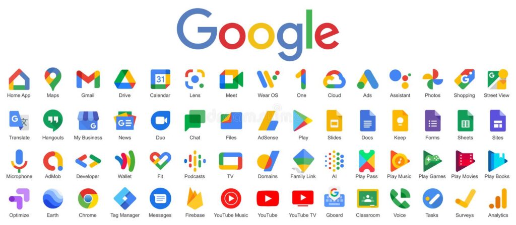 Logo designs of the Google family.