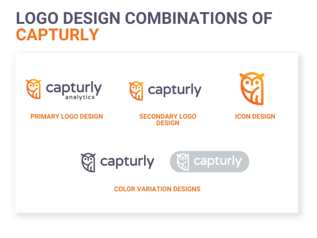 Logo design combinations of Capturly, primary logo design, secondary logo design, icon design, color variation designs.