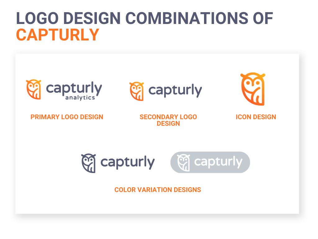 Logo design combinations of Capturly, primary logo design, secondary logo design, icon design, color variation designs.