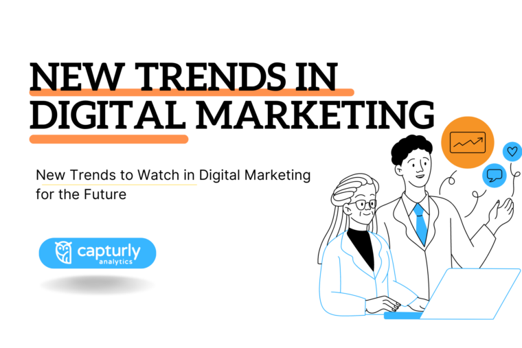 The title: New Trends to Watch in Digital Marketing for the Future. Two people are anayzing the new dgital marketing trends.