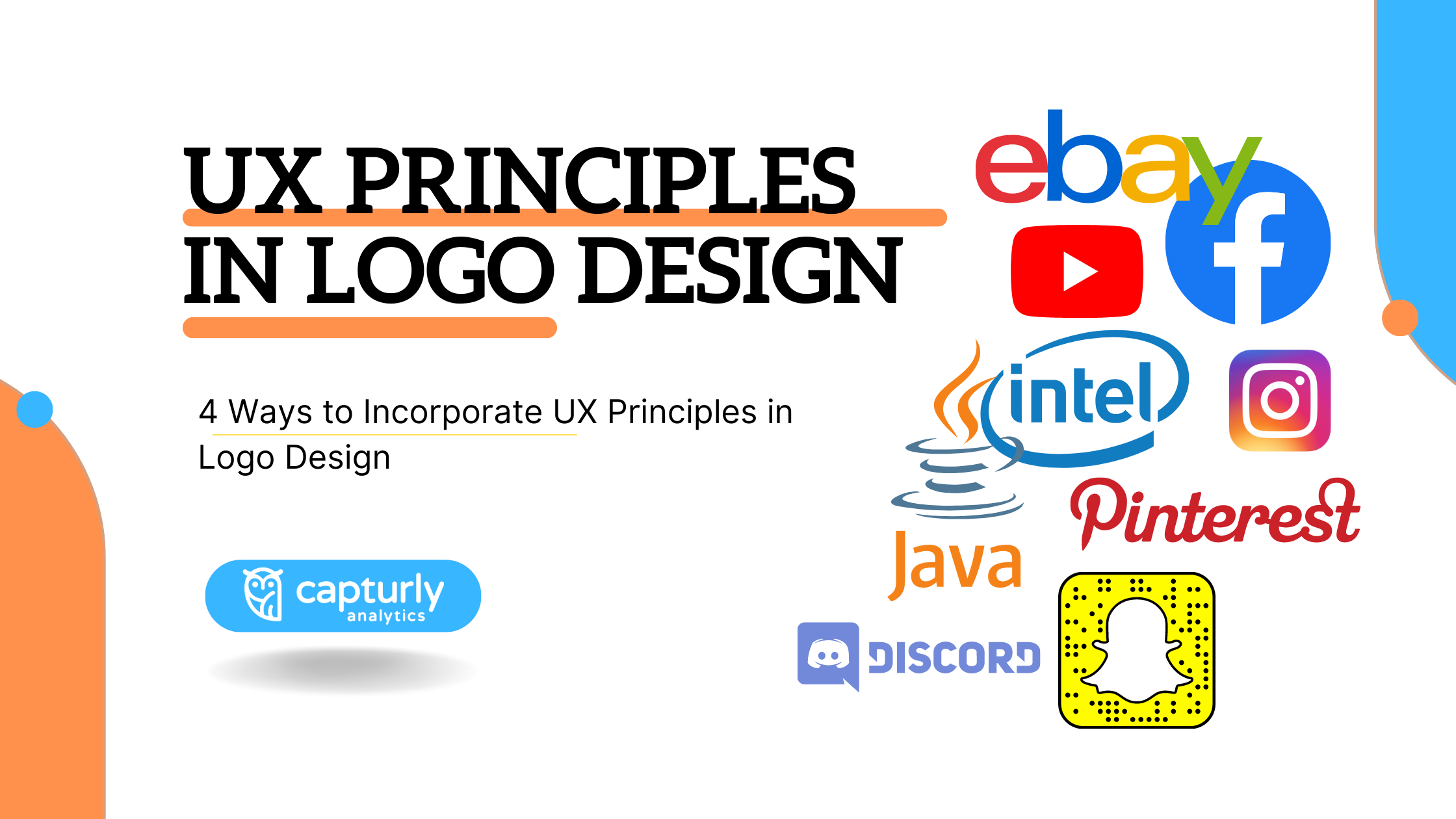 The title: 4 Ways to Incorporate UX Principles in Logo Design. Logos on the right side.