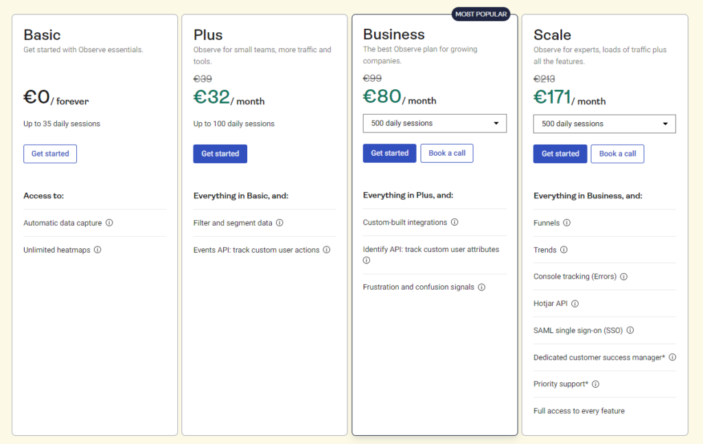 Available plans at Hotjar one of the best session replay tool.