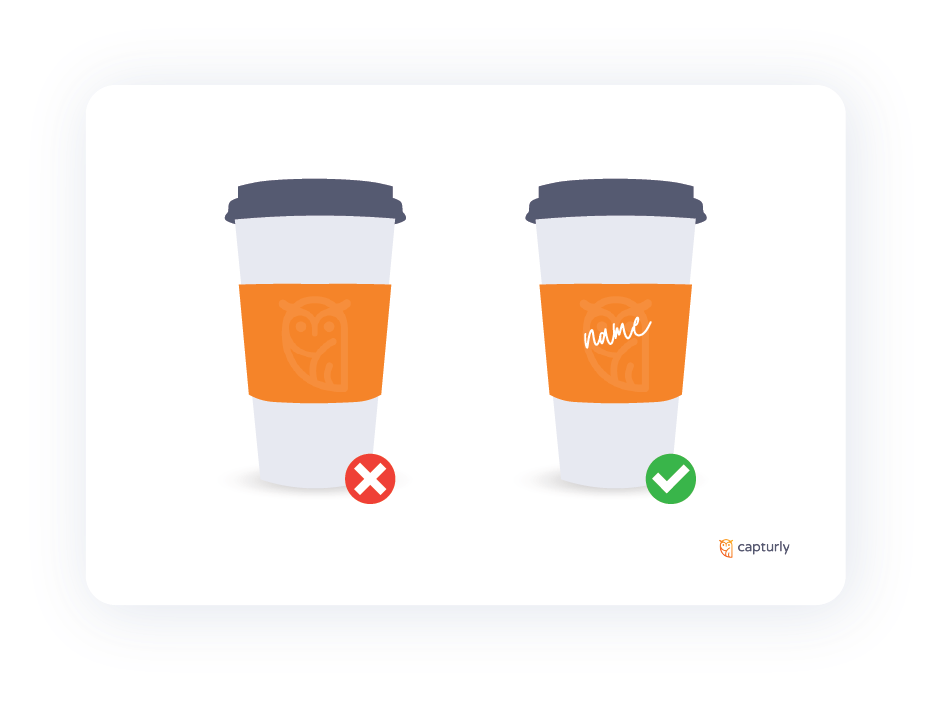 Two coffee cups, one with a name and one without a name. They represent the importance of personalization.