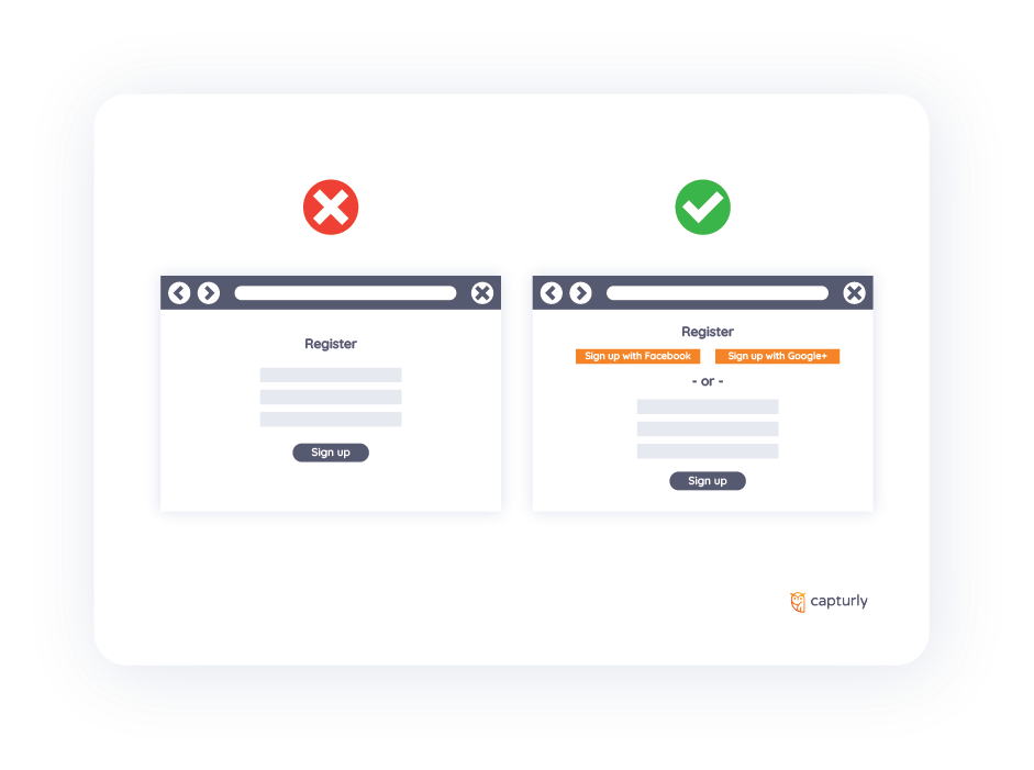 Two screens one without and one with an option of registration through social media.