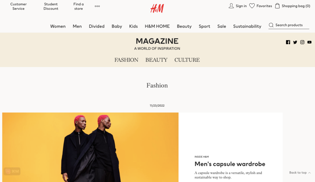 The homepage of H&M.