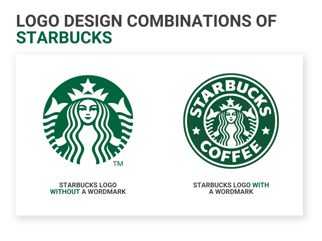 Logo design combinations of Starbucks, Starbucks logo without a wordmark, and Starbucks logo with a wordmark.