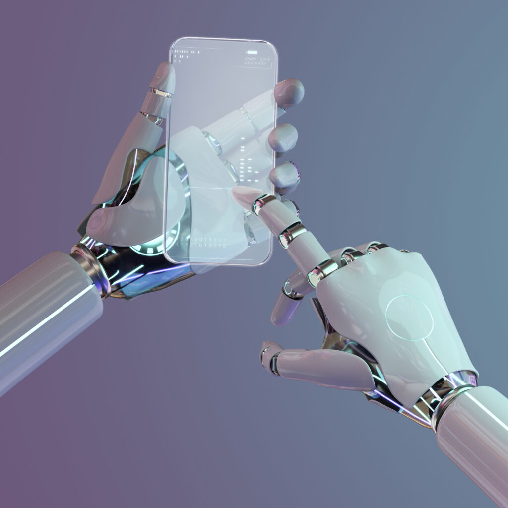 AI robot technology holding a phone.
