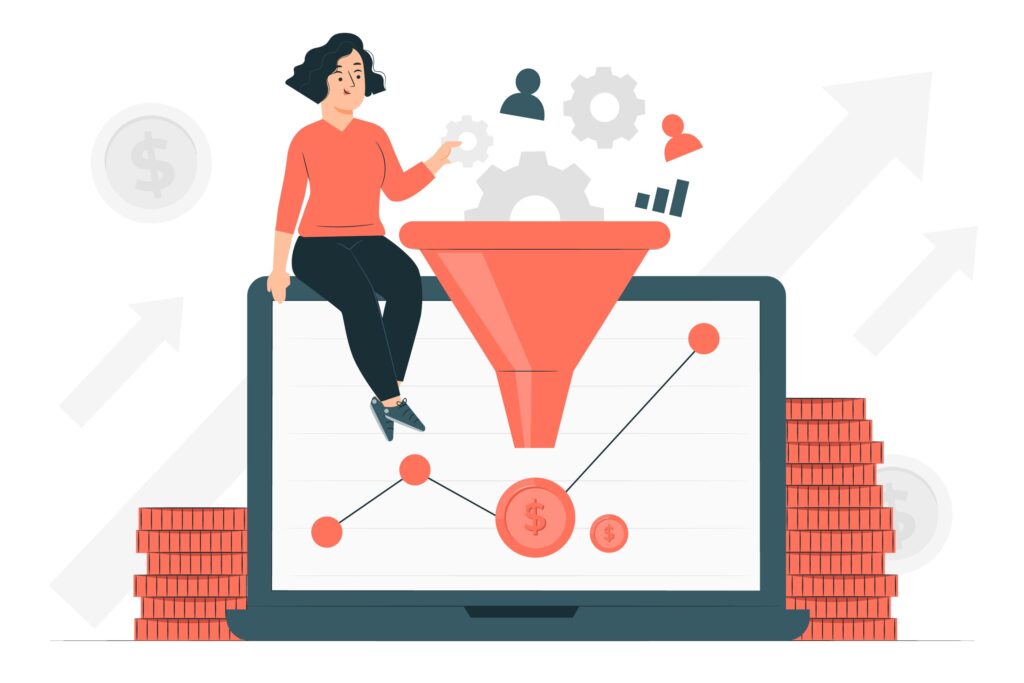 A conversion funnel and a woman sitting on a laptop.