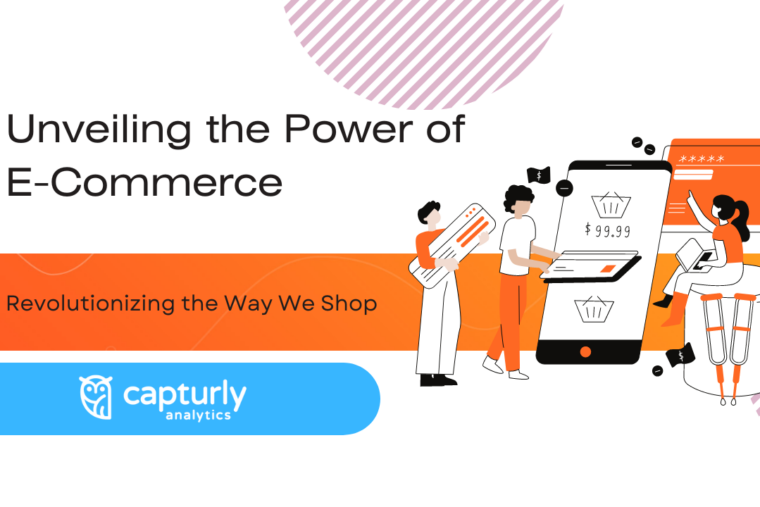 The title: Revolutionizing the Way We Shop. People are shopping online.