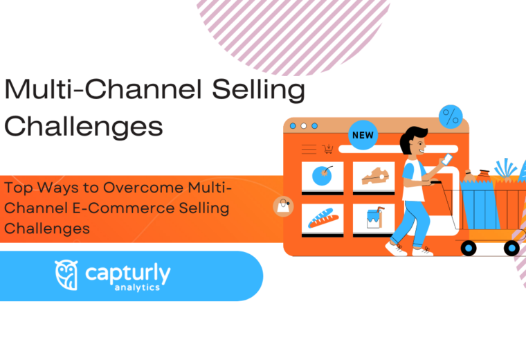 The title: Top Ways to Overcome Multi-Channel E-Commerce Selling Challenges. A picture of a webshop and a woman a woman pushing a shopping cart.