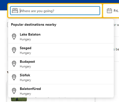 Suggestions in the search bar on Booking.
