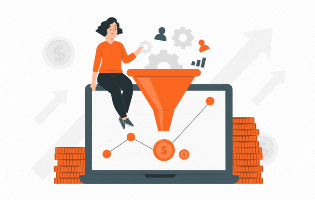 Illustration of a conversion funnel where users get into the funnel and money comes out