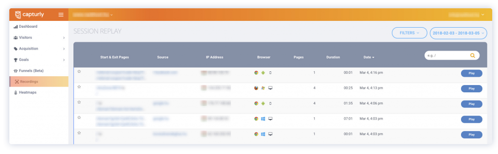 The user interface of Capturly's session recording dashboard