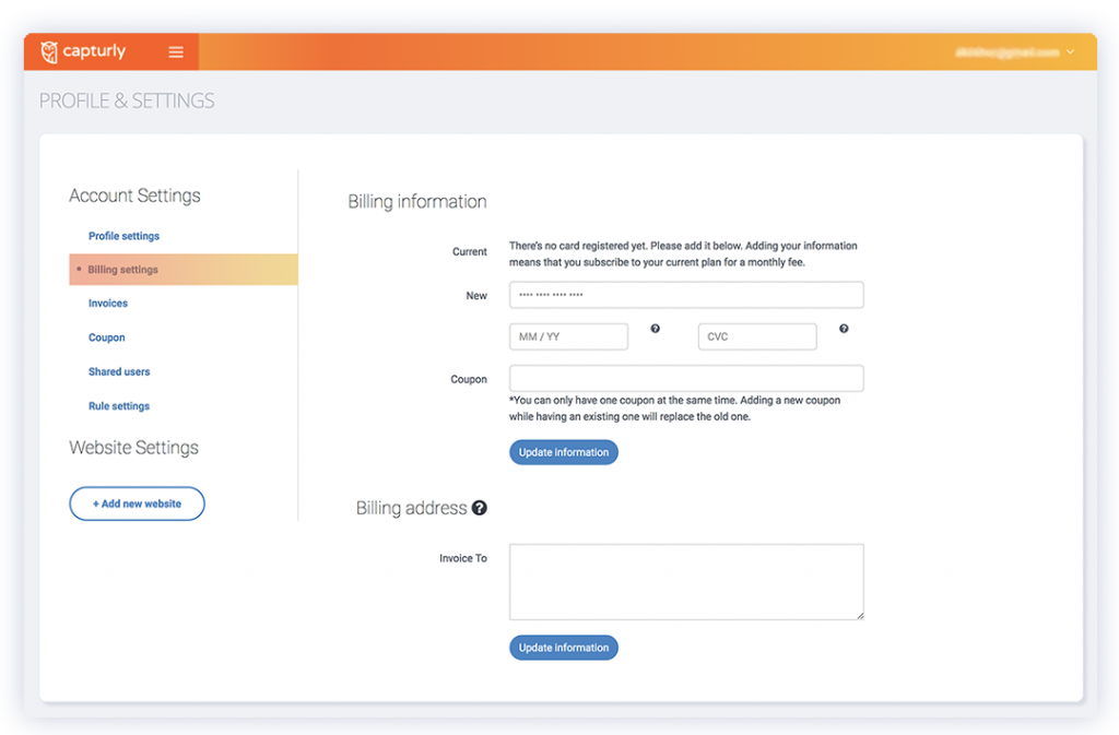 setting up billing informations in Capturly account