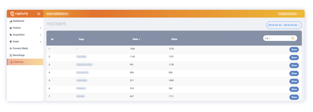 Heatmaps menu on the Capturly dashboard