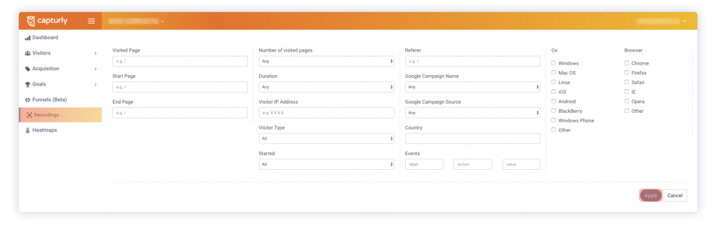 Filters for session recordings in Capturly