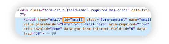 Copying manually the email input field ID form the Inspect mode
