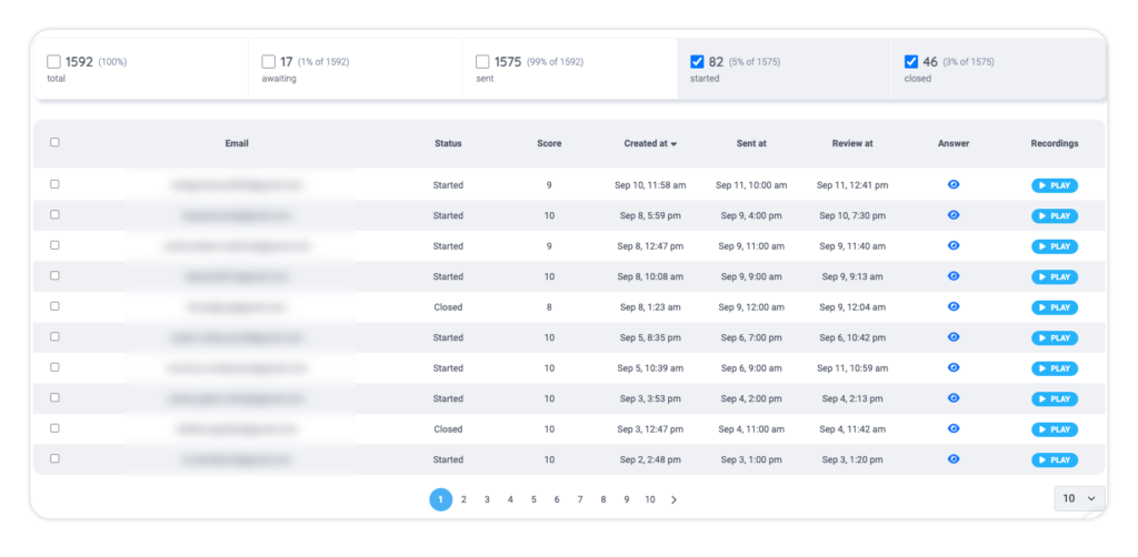 Capturly's detailed survey result presented in table with session recording integrations.